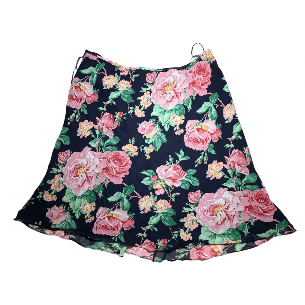 VTG Lauren Ralph Lauren Silk Floral Mini Skirt Coquette Navy Pink A-Line Size 14